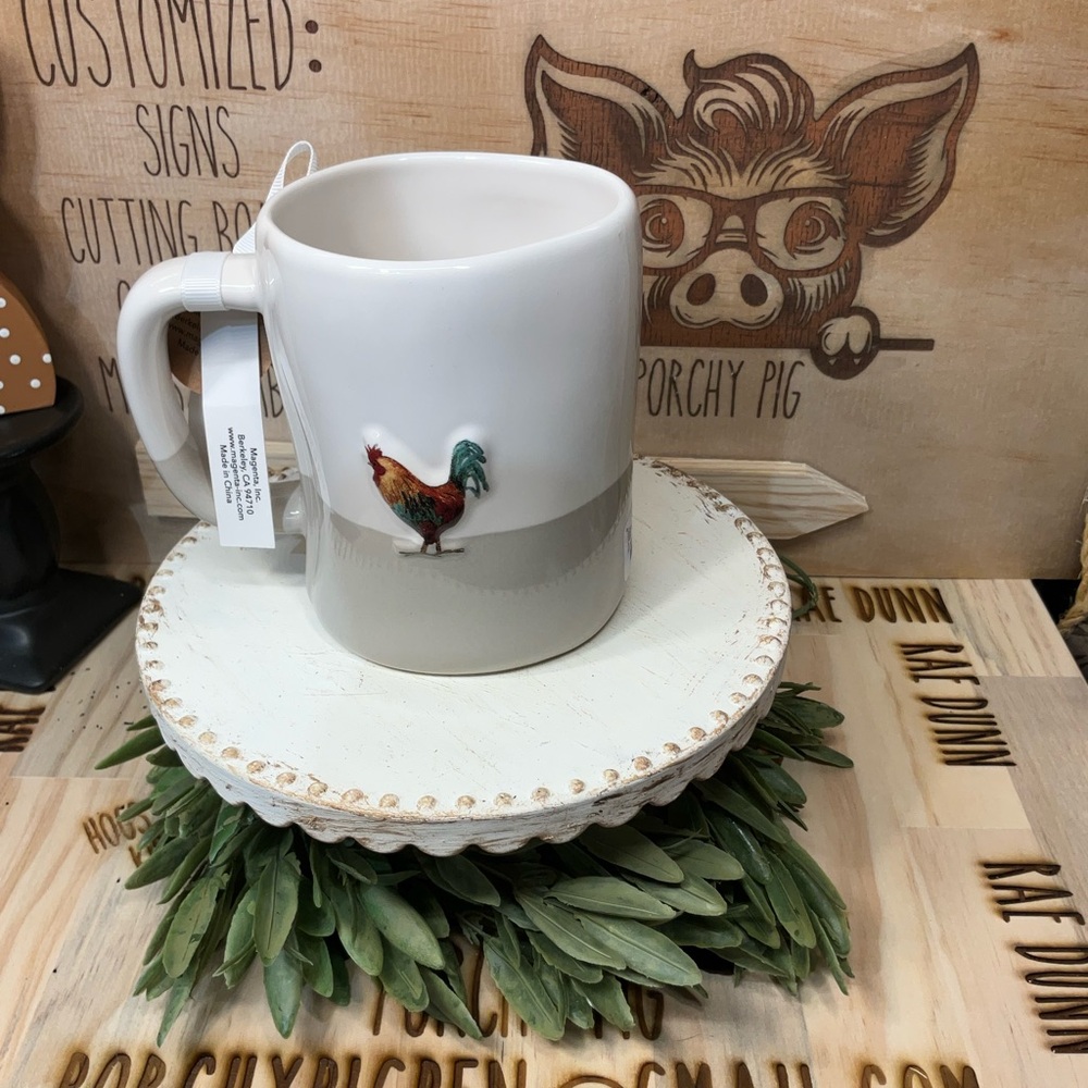 Rae Dunn White and Gray 'Cluck' Mug